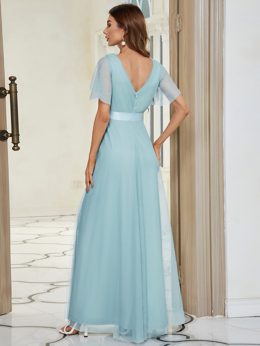 Double V-Neck Floor-Length Short Sleeve Tulle Bridesmaid Dresses #color_Sky Blue