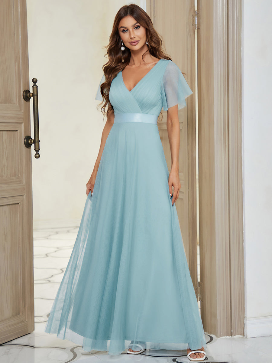 Double V-Neck Floor-Length Short Sleeve Tulle Bridesmaid Dresses #color_Sky Blue