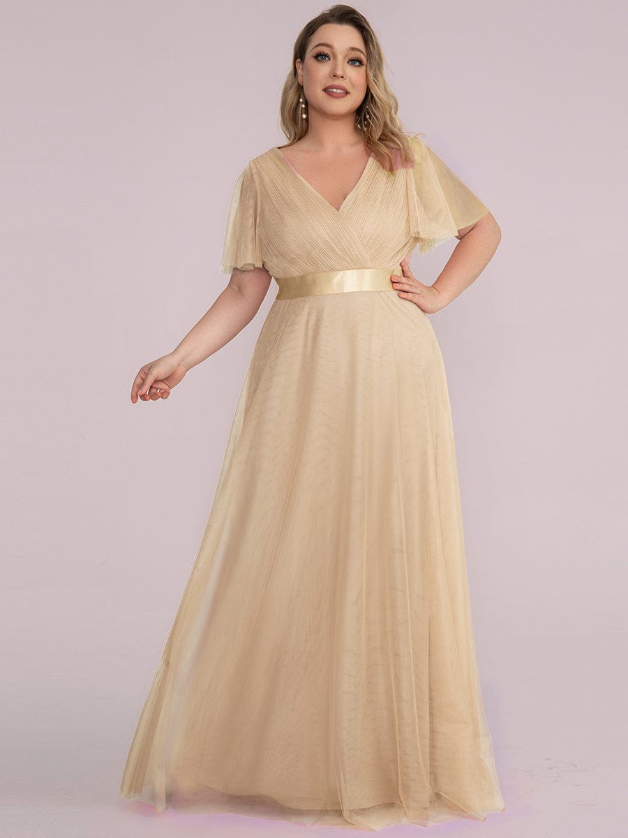 Double V-Neck Floor-Length Short Sleeve Tulle Bridesmaid Dresses #color_Champagne