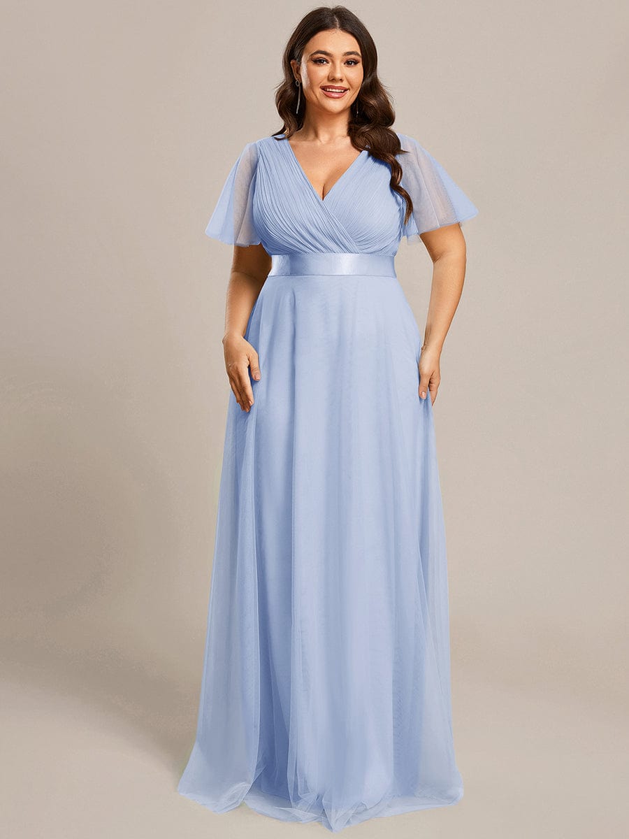 Double V-Neck Floor-Length Short Sleeve Tulle Bridesmaid Dresses #color_Ice Blue