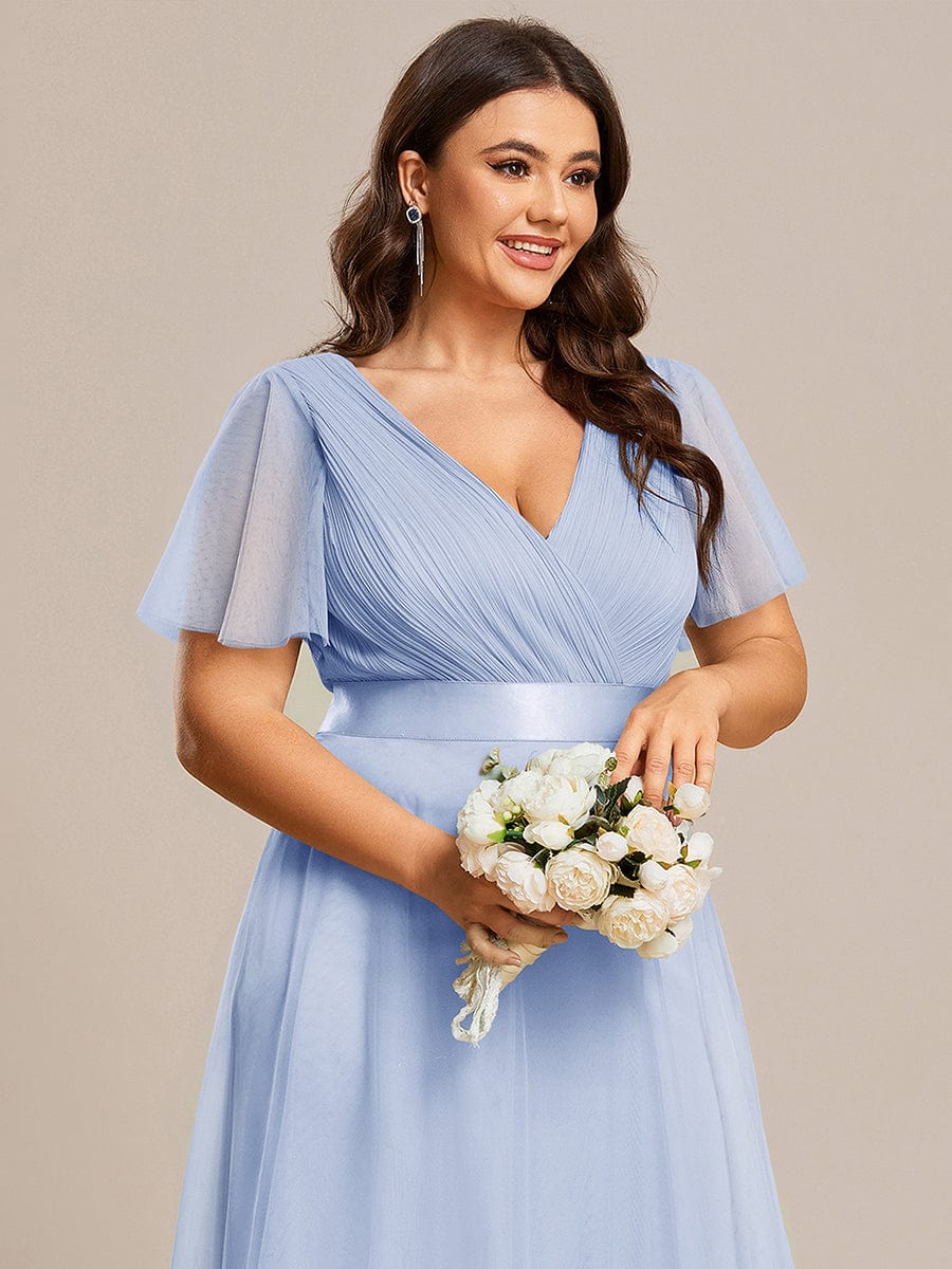 Double V-Neck Floor-Length Short Sleeve Tulle Bridesmaid Dresses #color_Ice Blue
