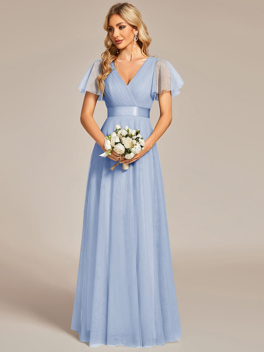 Double V-Neck Floor-Length Short Sleeve Tulle Bridesmaid Dresses #color_Ice Blue
