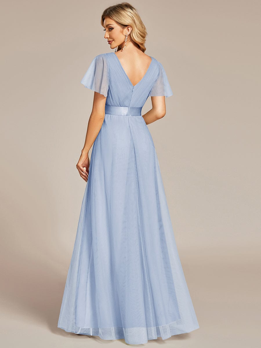 Double V-Neck Floor-Length Short Sleeve Tulle Bridesmaid Dresses #color_Ice Blue