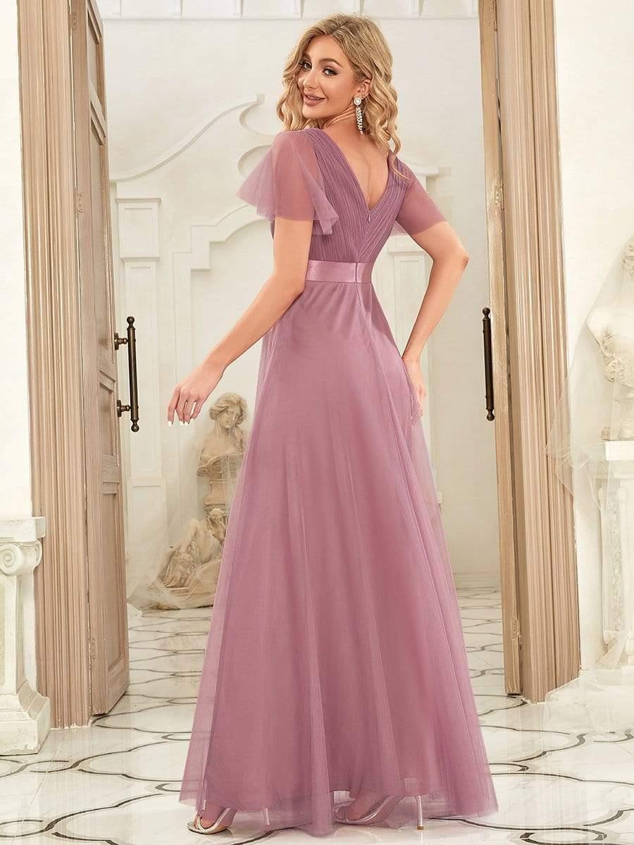 Double V-Neck Floor-Length Short Sleeve Tulle Bridesmaid Dresses #color_Purple Orchid