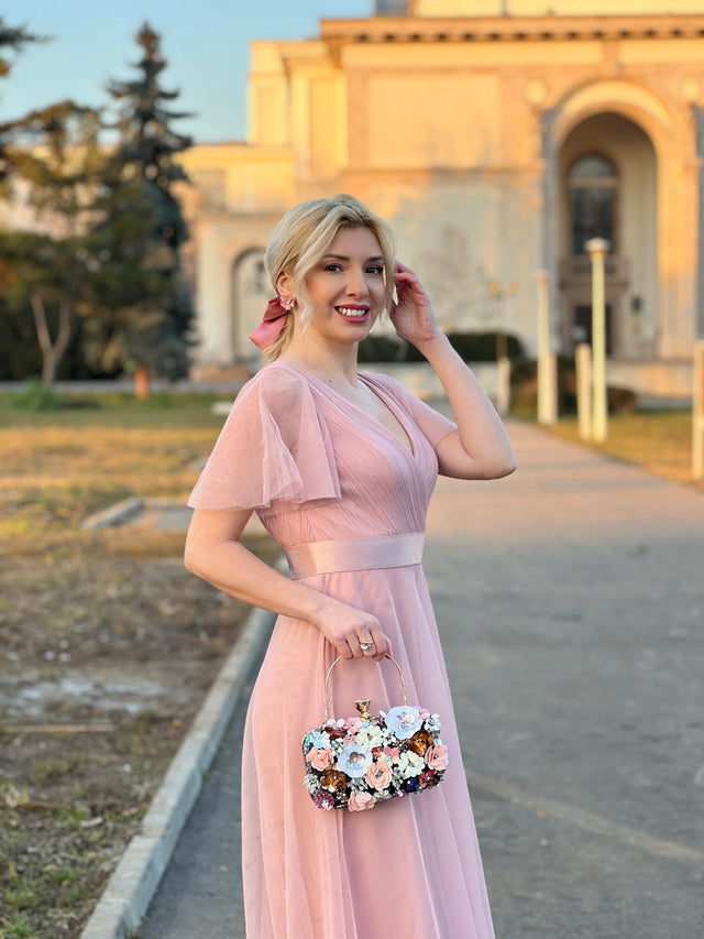 ever MISTE|Double V-Neck Floor-Length Short Sleeve Tulle Bridesmaid Dresses Fan Photos 5
