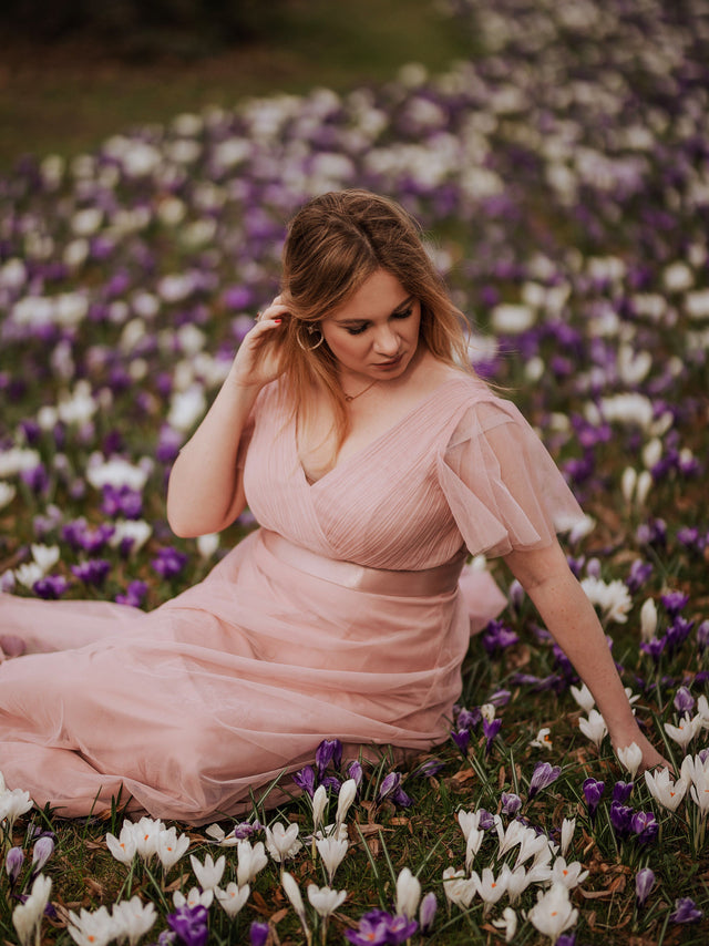pretty MISTE|Women's Floor-Length Plus Size Formal Bridesmaid Dress with Short Sleeve Fan Photos 3

