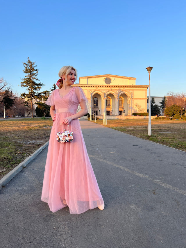 ever MISTE|Double V-Neck Floor-Length Short Sleeve Tulle Bridesmaid Dresses Fan Photos 3
