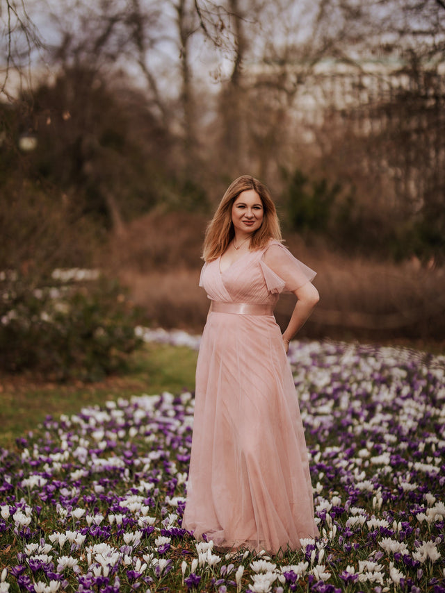 pretty MISTE|Women's Floor-Length Plus Size Formal Bridesmaid Dress with Short Sleeve Fan Photos 2
