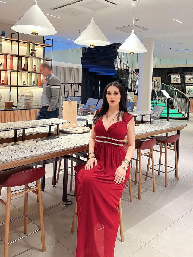 V-Neck Sleeveless Beaded Belt Chiffon A-Line Evening Dress Fan Photos 1
