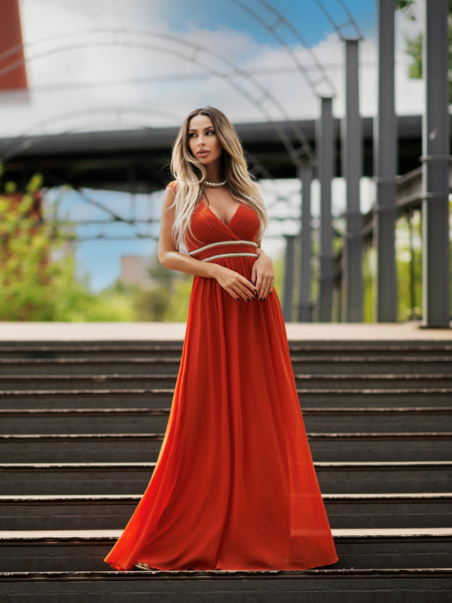 V-Neck Sleeveless Beaded Belt Chiffon A-Line Evening Dress Fan Photos 5
