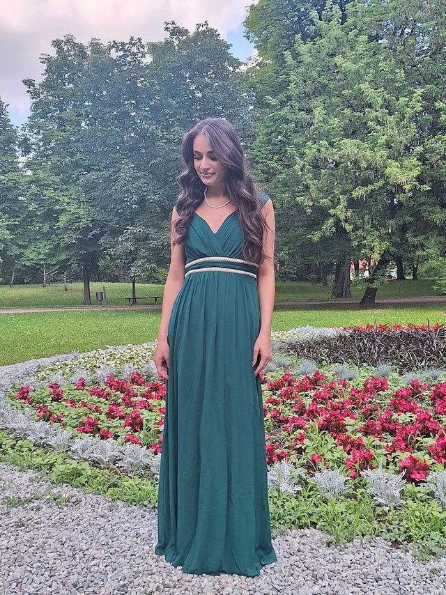 V-Neck Sleeveless Beaded Belt Chiffon A-Line Evening Dress Fan Photos 3
