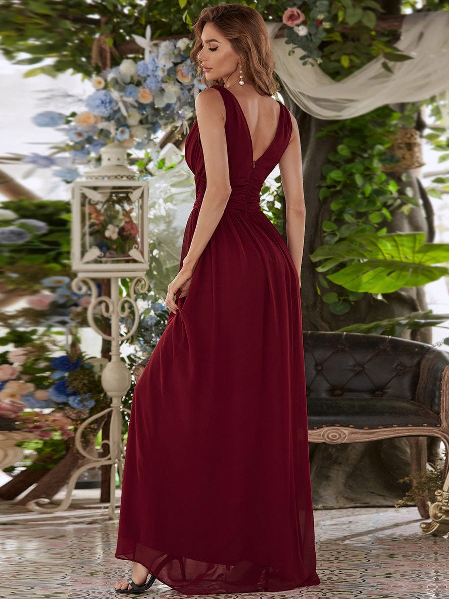 Pleated Sleeveless V-Neck Chiffon Maxi Dress #color_Burgundy