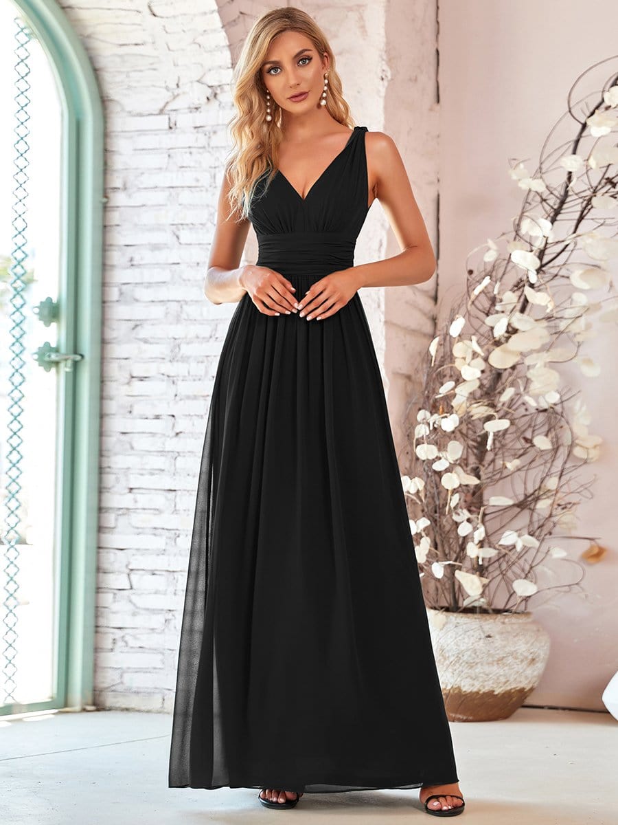 Pleated Sleeveless V-Neck Chiffon Maxi Dress #color_Black