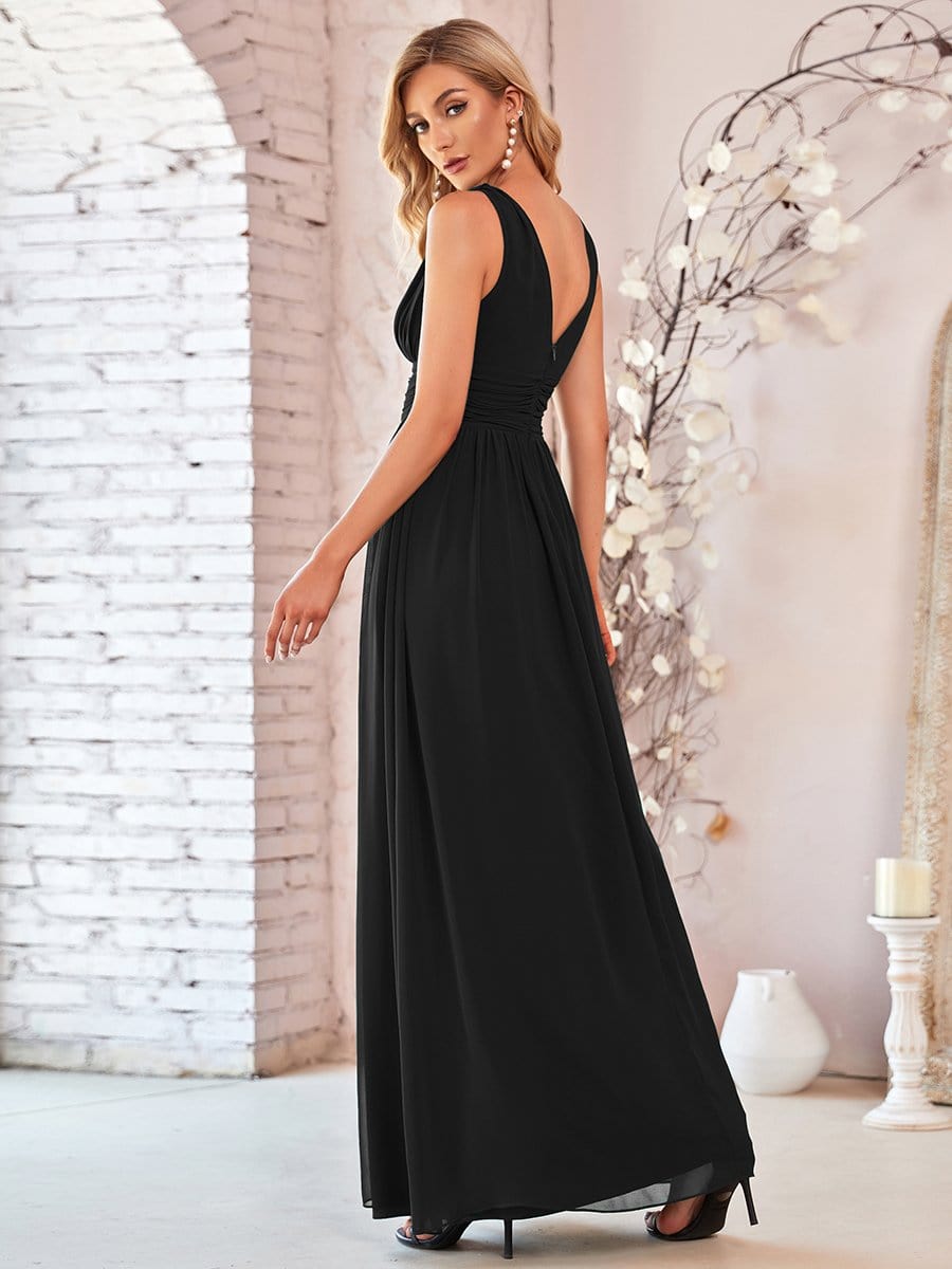 Custom Size Pleated Sleeveless V-Neck Chiffon Maxi Dress #color_Black