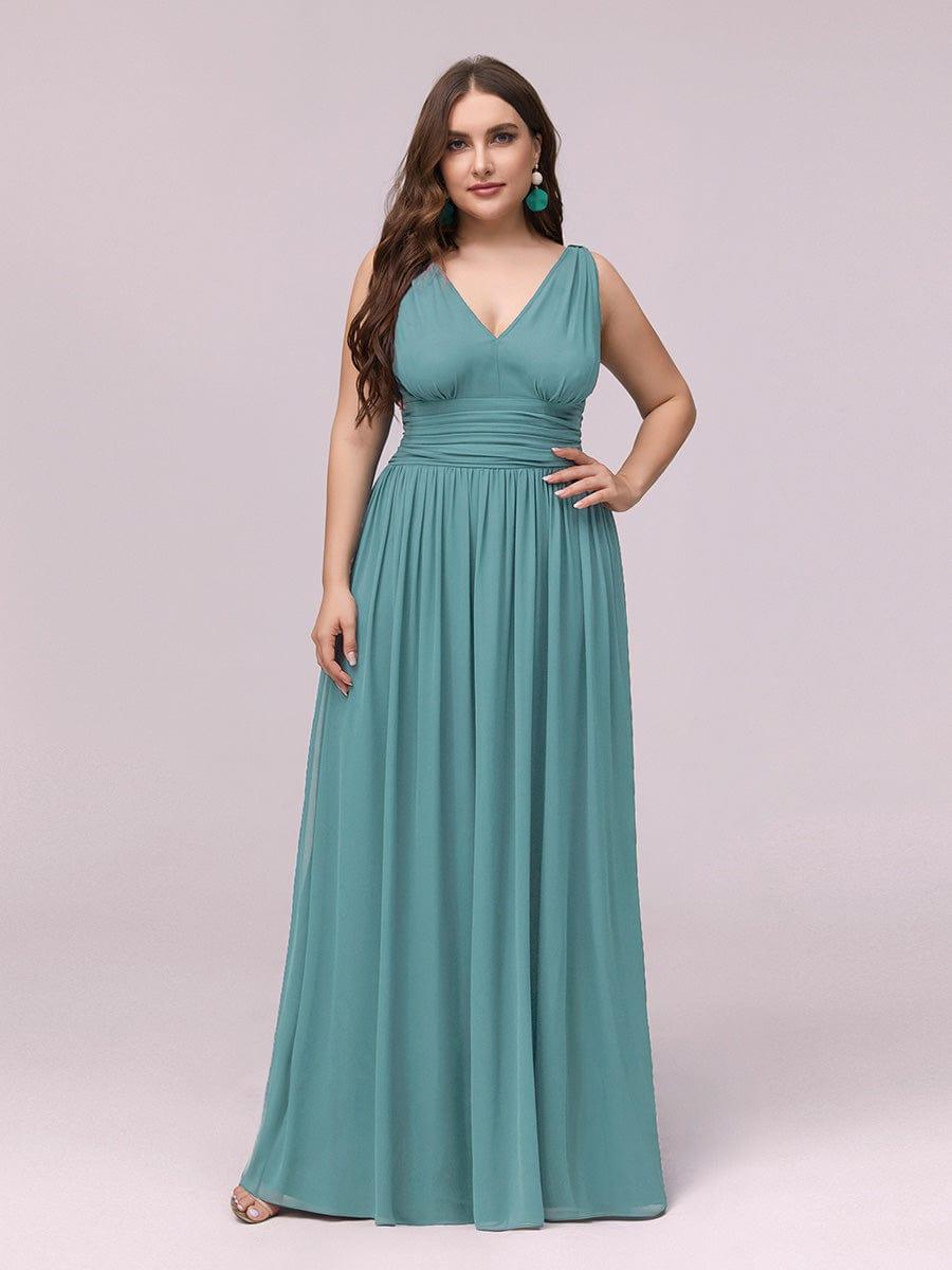Custom Size Chiffon Sleeveless V-Neck Maxi Bridesmaid Dress #color_Light Teal