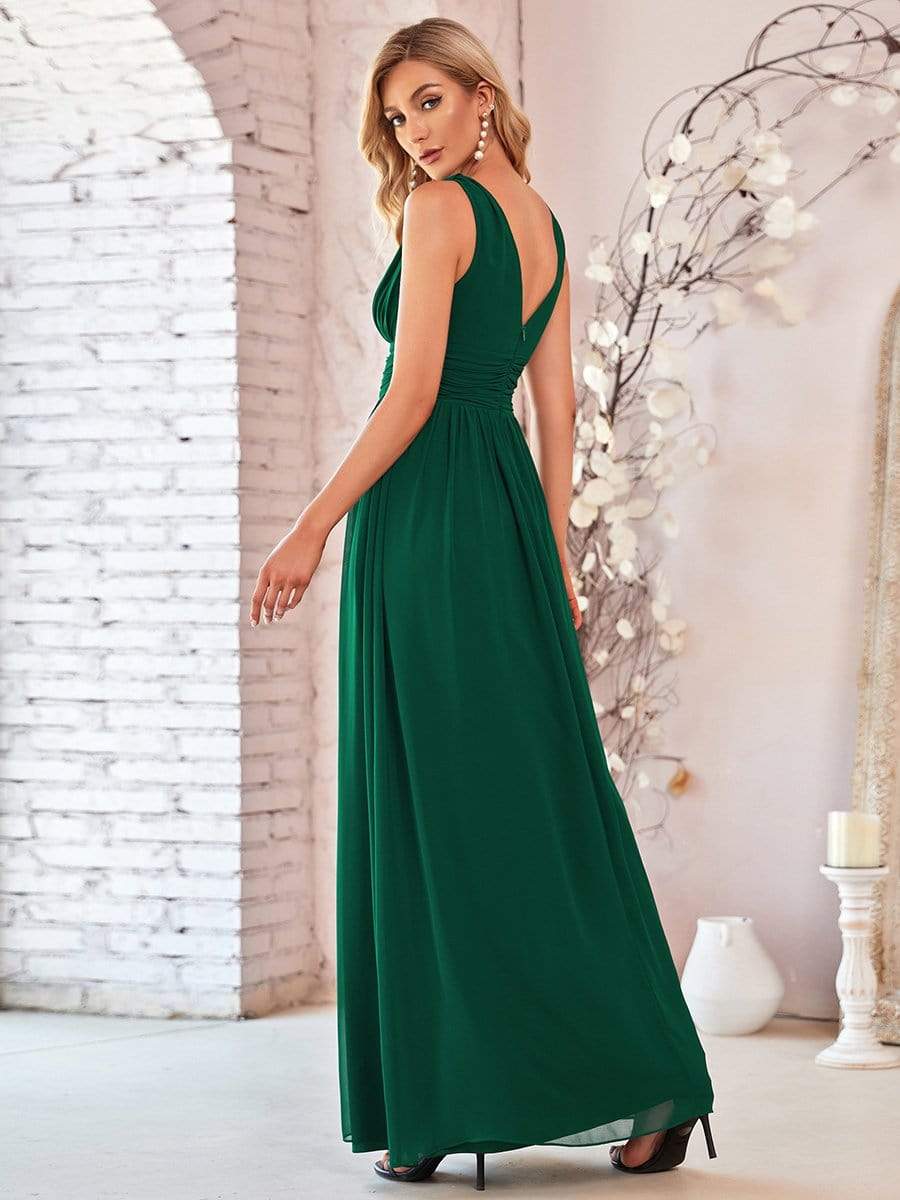 Custom Size Pleated Sleeveless V-Neck Chiffon Maxi Dress #color_Dark Green