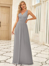 Pleated Sleeveless V-Neck Chiffon Maxi Dress #color_Grey