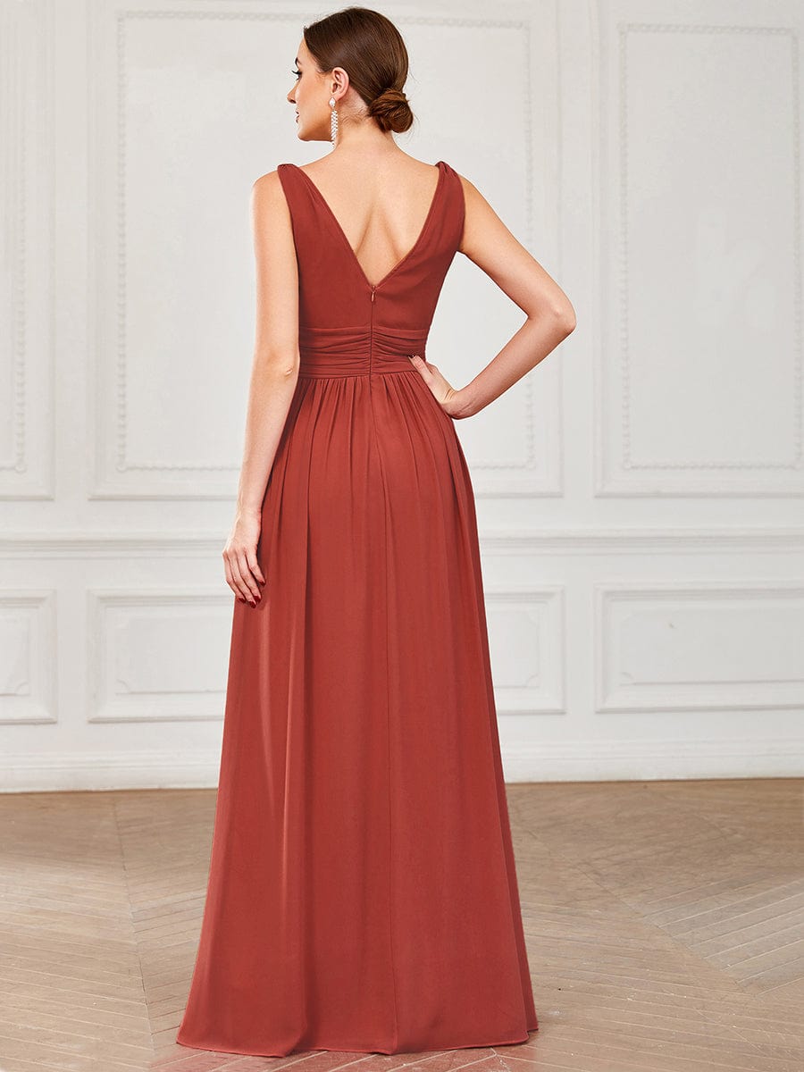 Chiffon Empire Waist Sleeveless Pleated V-neck Bridesmaid Dress #color_Vermilion