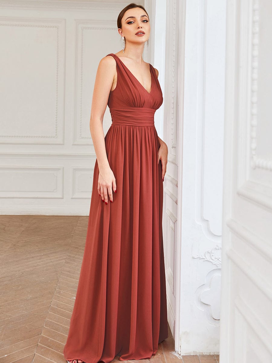 Chiffon Empire Waist Sleeveless Pleated V-neck Bridesmaid Dress #color_Vermilion