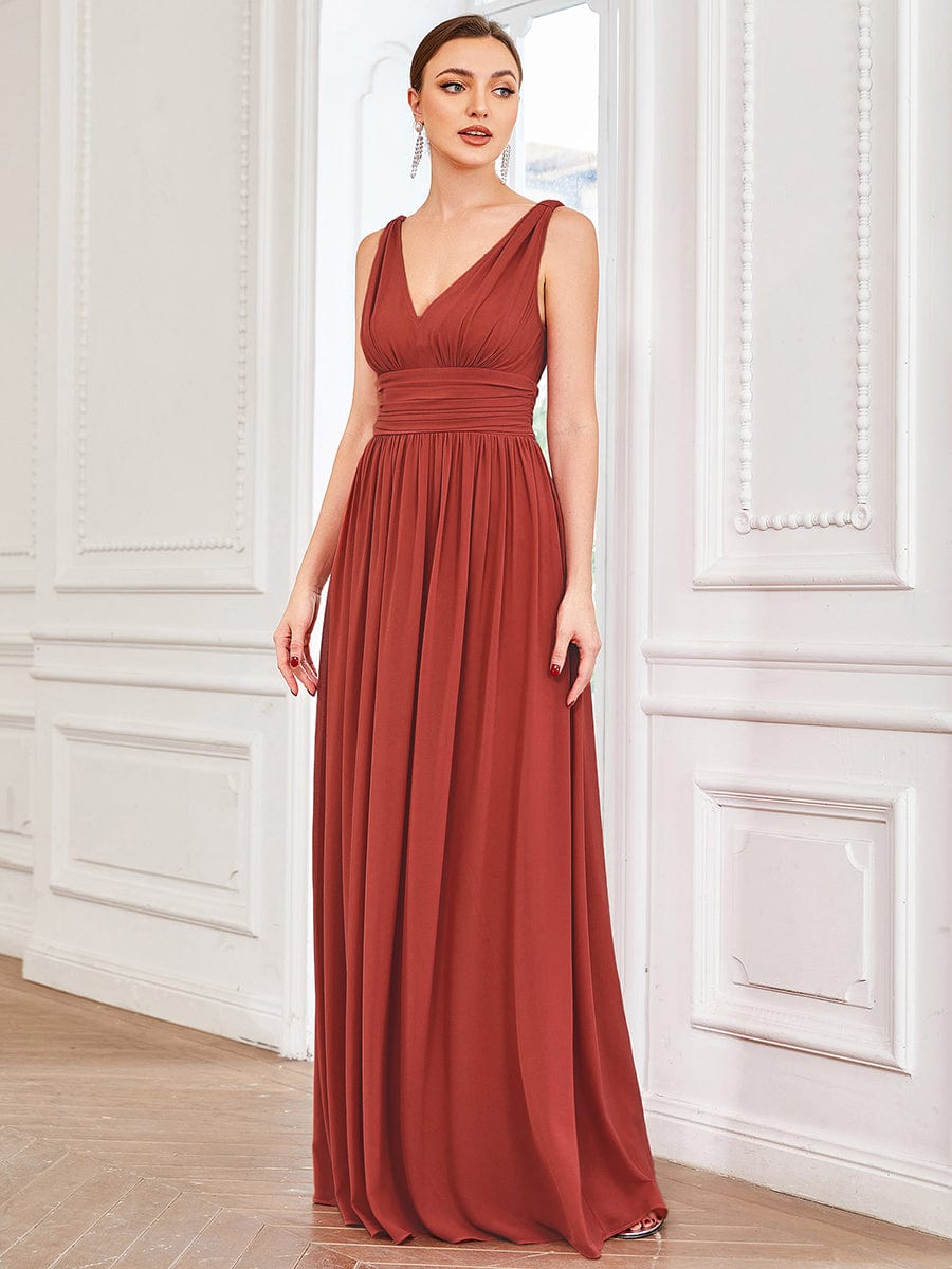 Chiffon Empire Waist Sleeveless Pleated V-neck Bridesmaid Dress #color_Vermilion