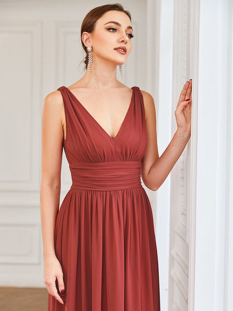Chiffon Empire Waist Sleeveless Pleated V-neck Bridesmaid Dress #color_Vermilion