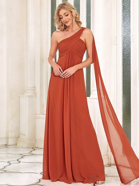 One Shoulder Pleated Chiffon Bridesmaid Dress with Sleeves