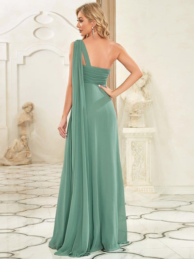 Pleated One Shoulder Long Chiffon Evening Dress #color_Green Bean