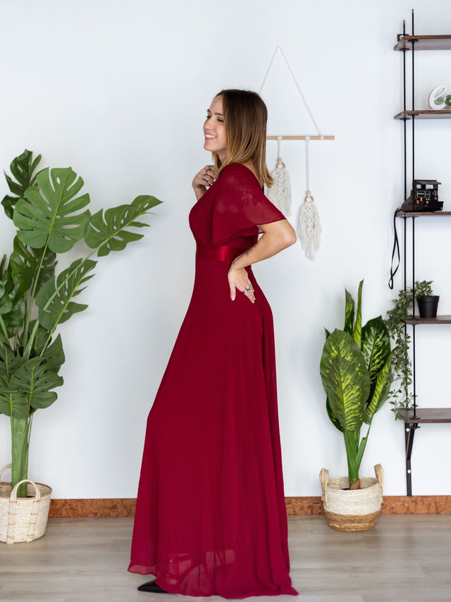ever MONICA|Long Chiffon Empire Waist Bridesmaid Dress with Short Flutter Sleeves Fan Photos 16
