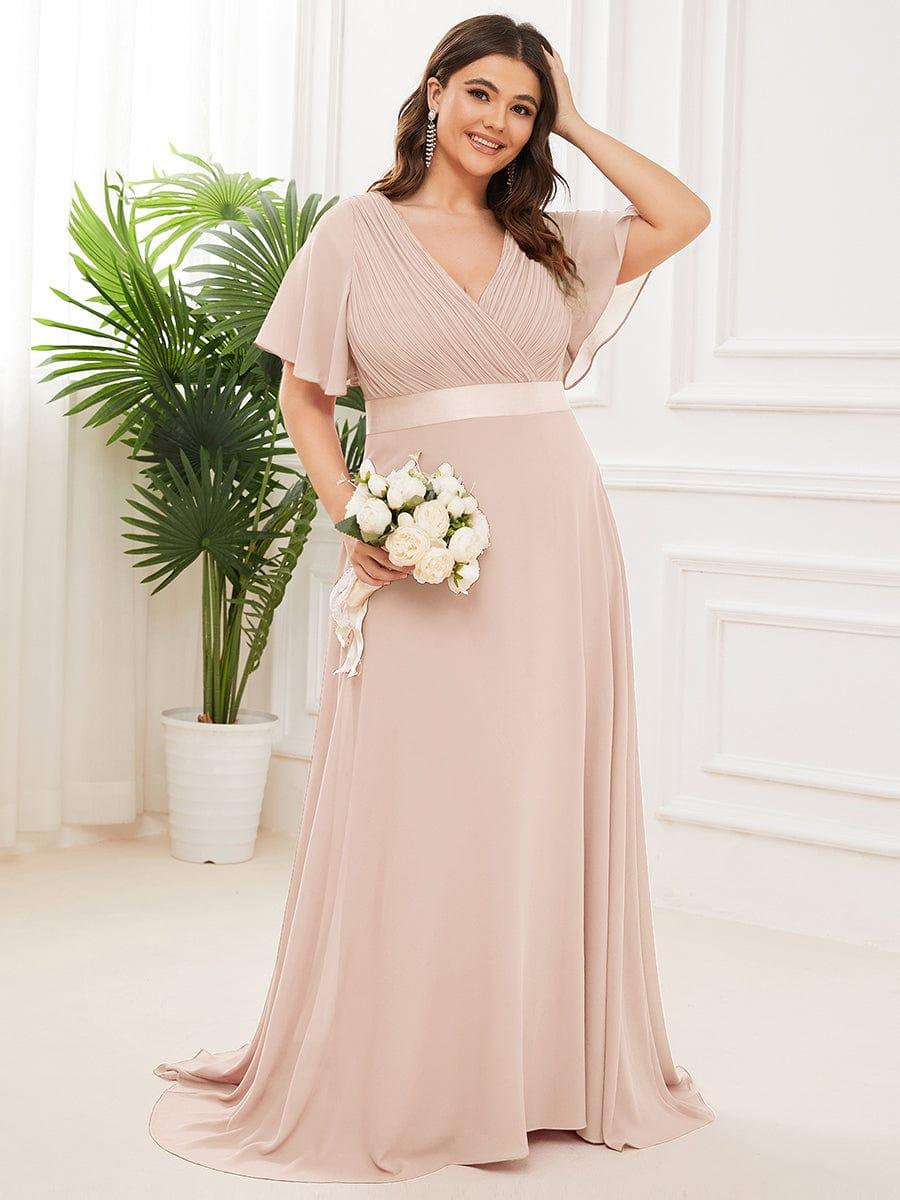 Plus Size Long Empire Waist Evening Dress With Short Flutter Sleeves #color_Blush