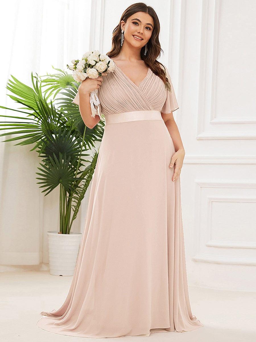 Plus Size Long Empire Waist Evening Dress With Short Flutter Sleeves #color_Blush