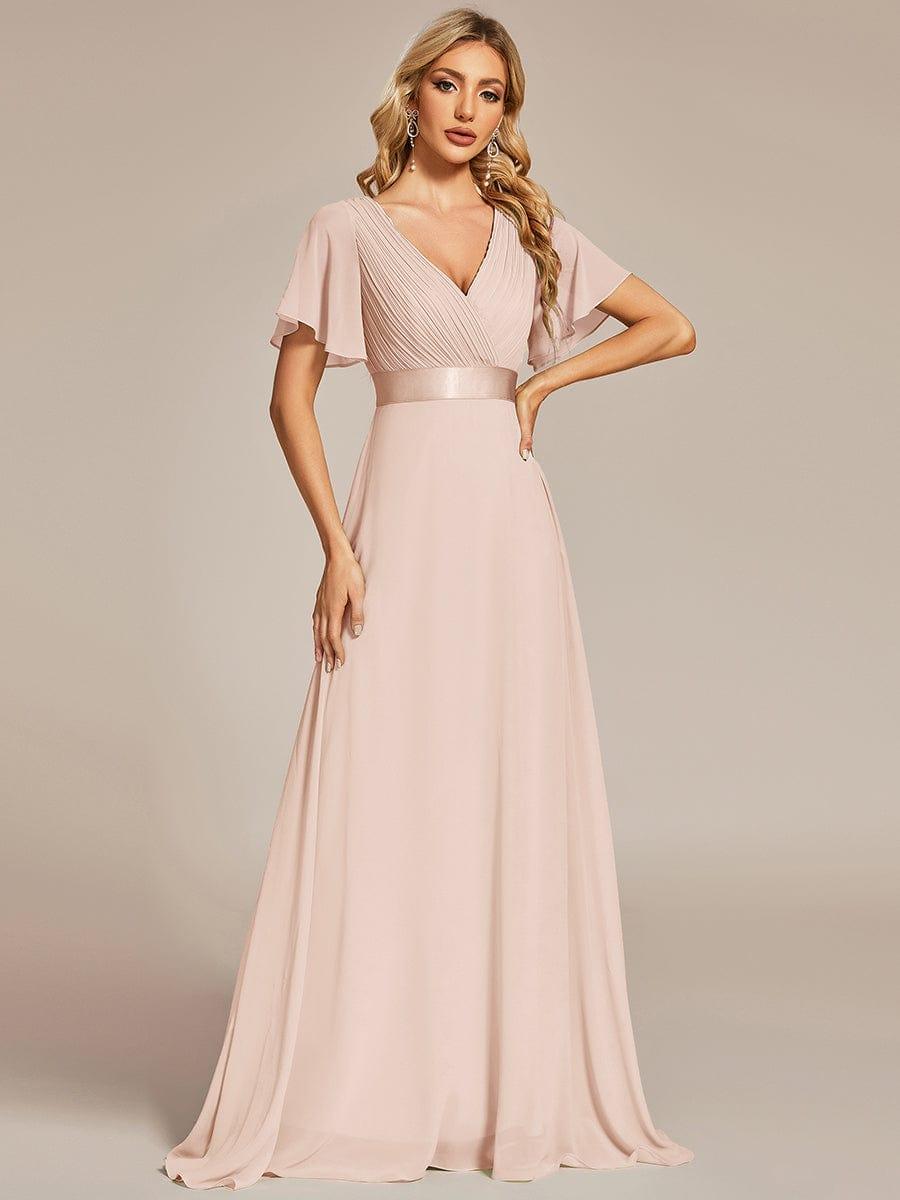 Long Chiffon Empire Waist Bridesmaid Dress with Short Flutter Sleeves #color_Blush