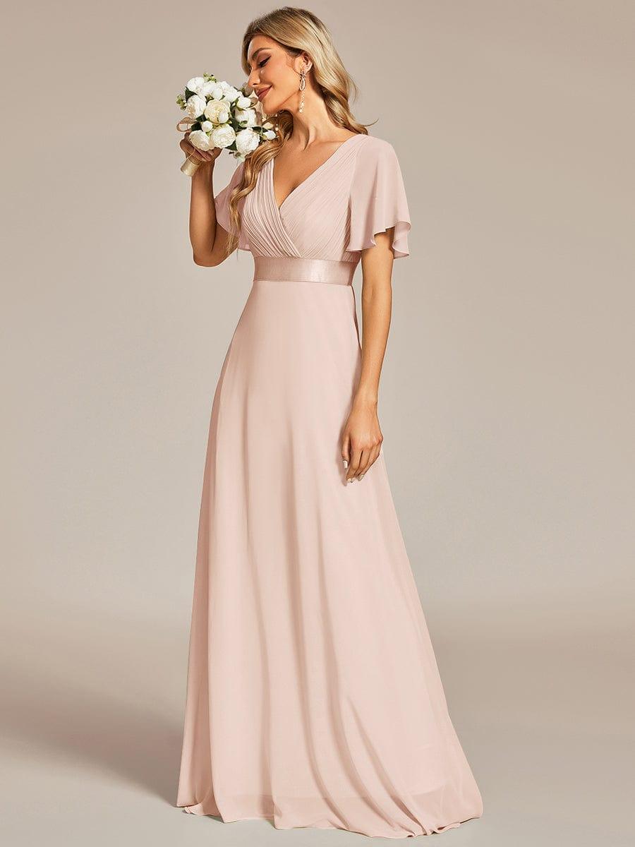 Long Chiffon Empire Waist Bridesmaid Dress with Short Flutter Sleeves #color_Blush