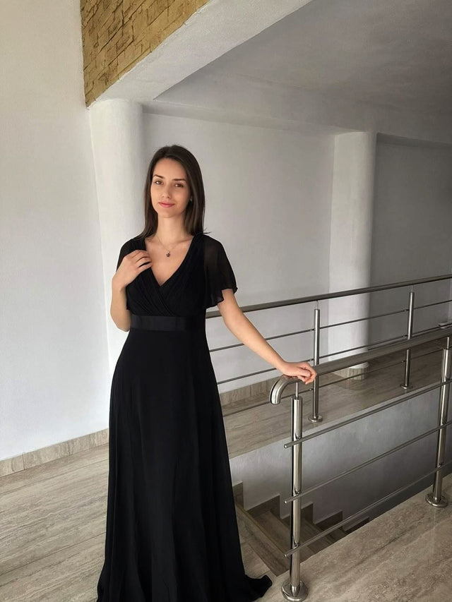 ever MONICA|Long Chiffon Empire Waist Bridesmaid Dress with Short Flutter Sleeves Fan Photos 19
