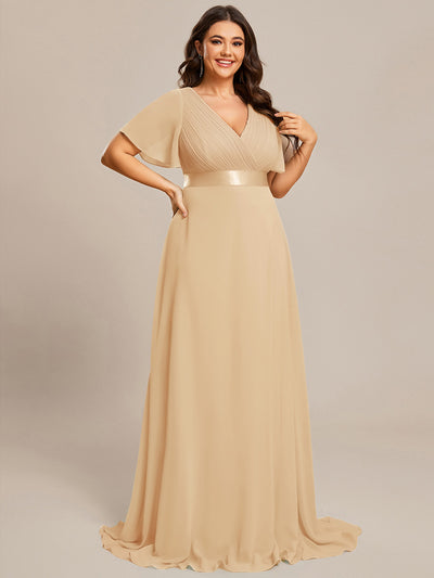Plus Size Simple Empire Waist Flutter Sleeve Evening Dress #color_Champagne