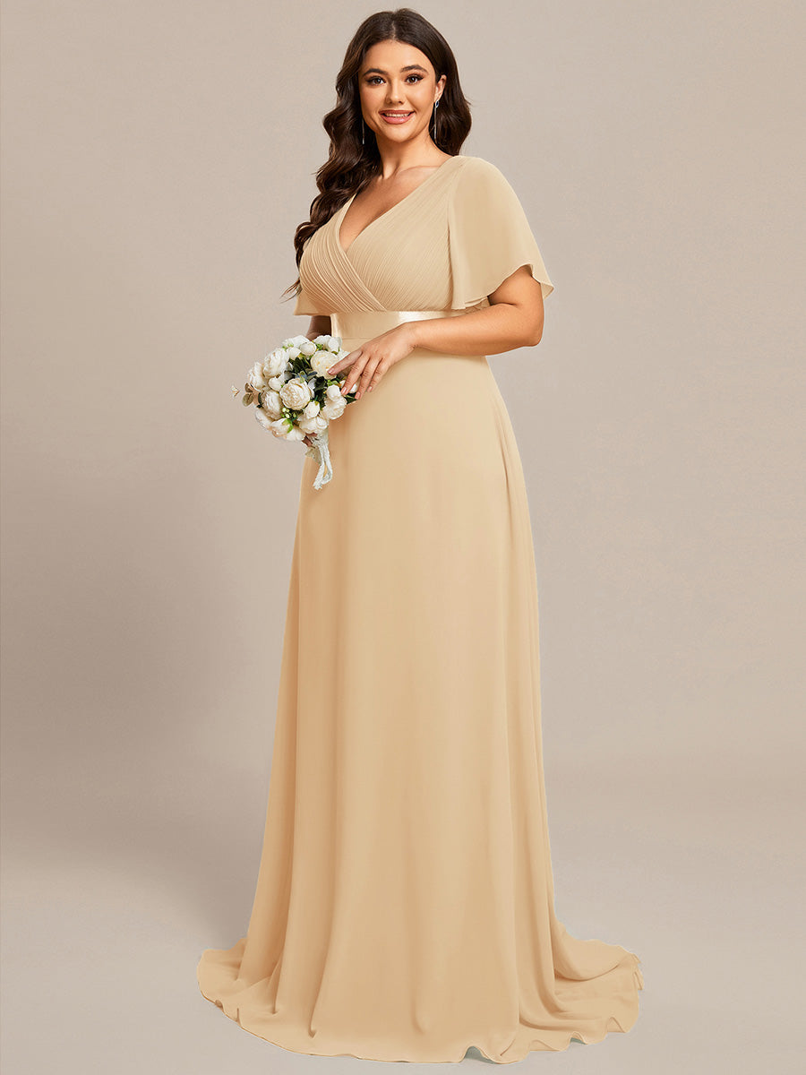 Plus Size Simple Empire Waist Flutter Sleeve Evening Dress #color_Champagne