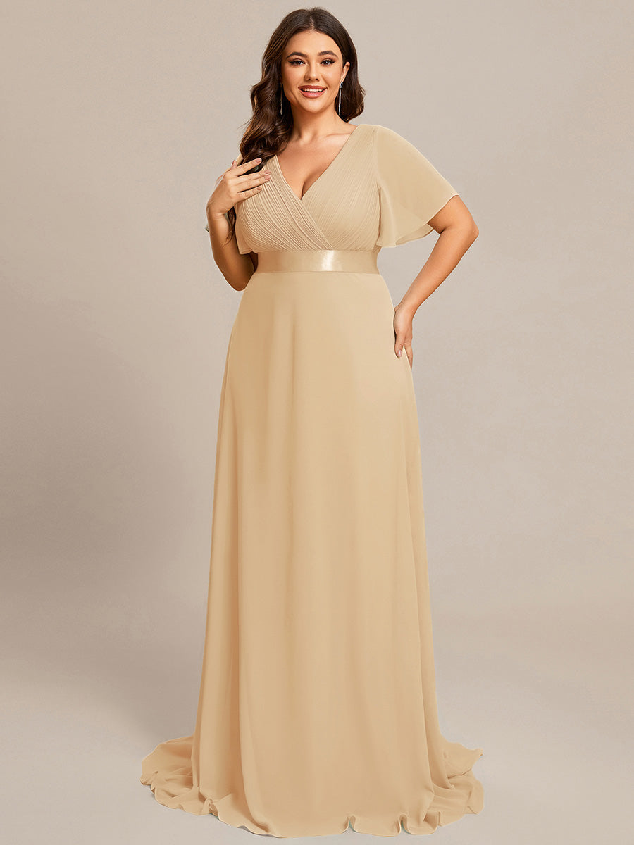 Plus Size Simple Empire Waist Flutter Sleeve Evening Dress #color_Champagne