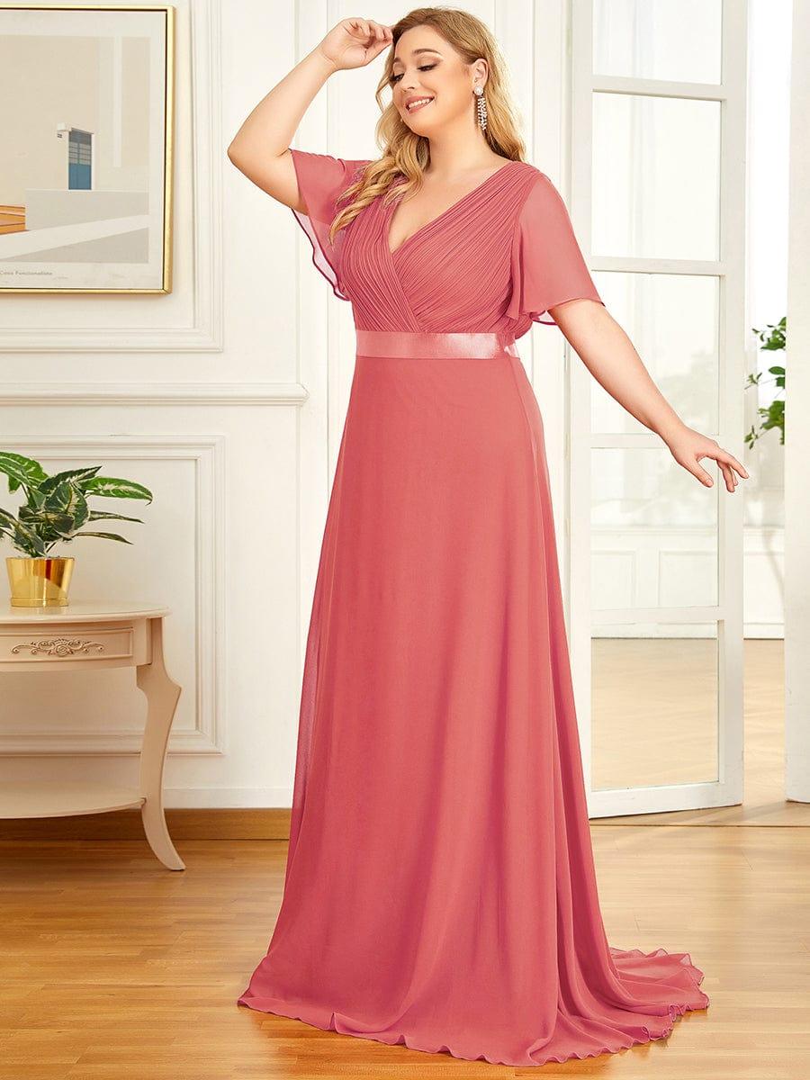 Plus Size Long Empire Waist Evening Dress With Short Flutter Sleeves #color_Coral