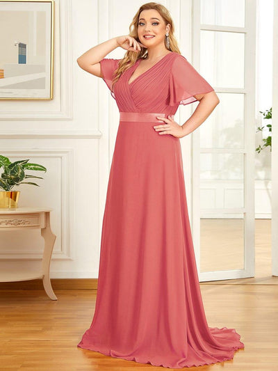 Plus Size Long Empire Waist Evening Dress With Short Flutter Sleeves #color_Coral