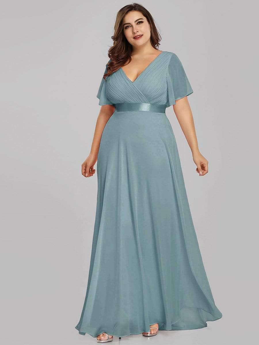 Long Empire Waist Evening Dress with Short Flutter Sleeves #color_Light Teal