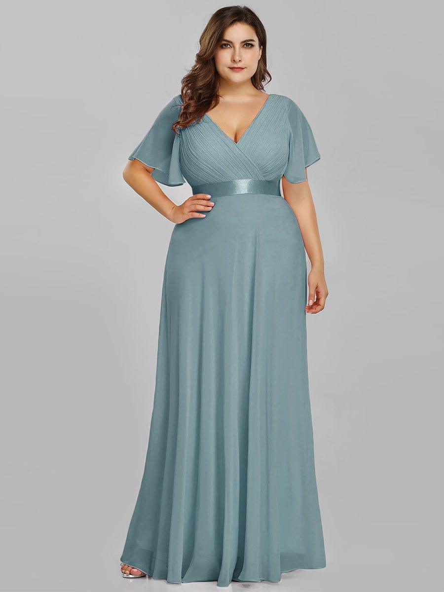 Plus Size Long Empire Waist Evening Dress With Short Flutter Sleeves #color_Light Teal