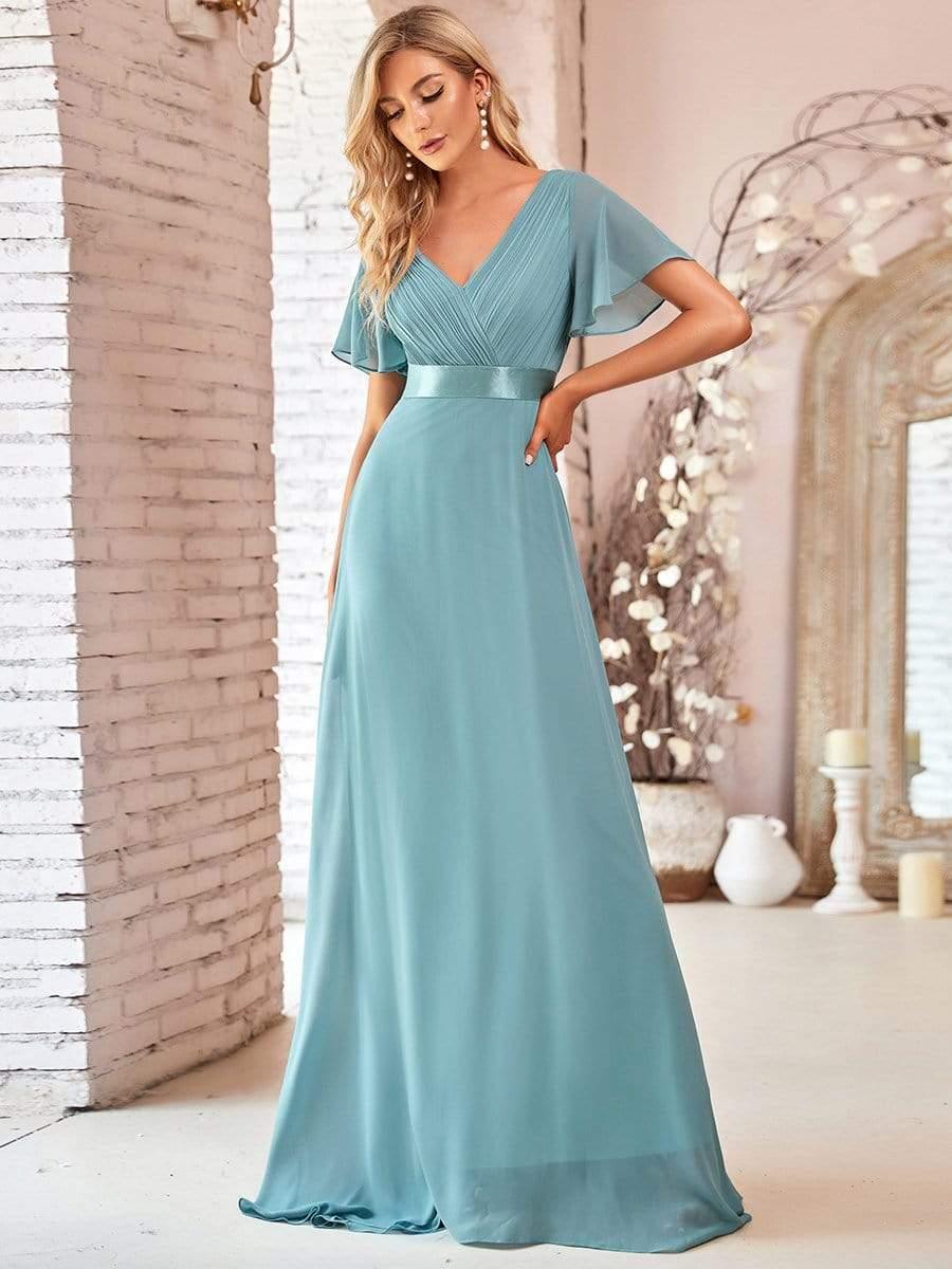 Long Empire Waist Evening Dress with Short Flutter Sleeves #color_Light Teal