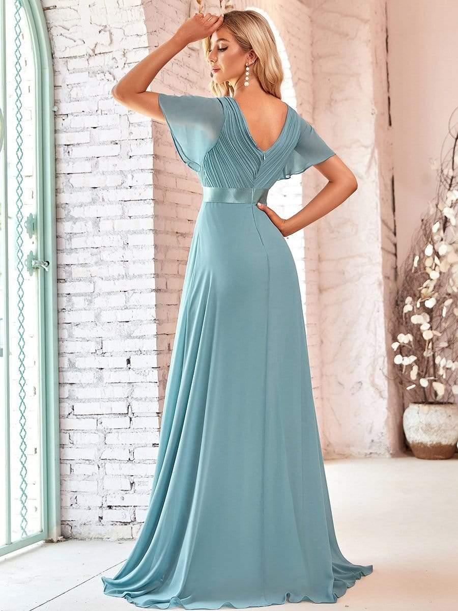 Long Empire Waist Evening Dress with Short Flutter Sleeves #color_Light Teal