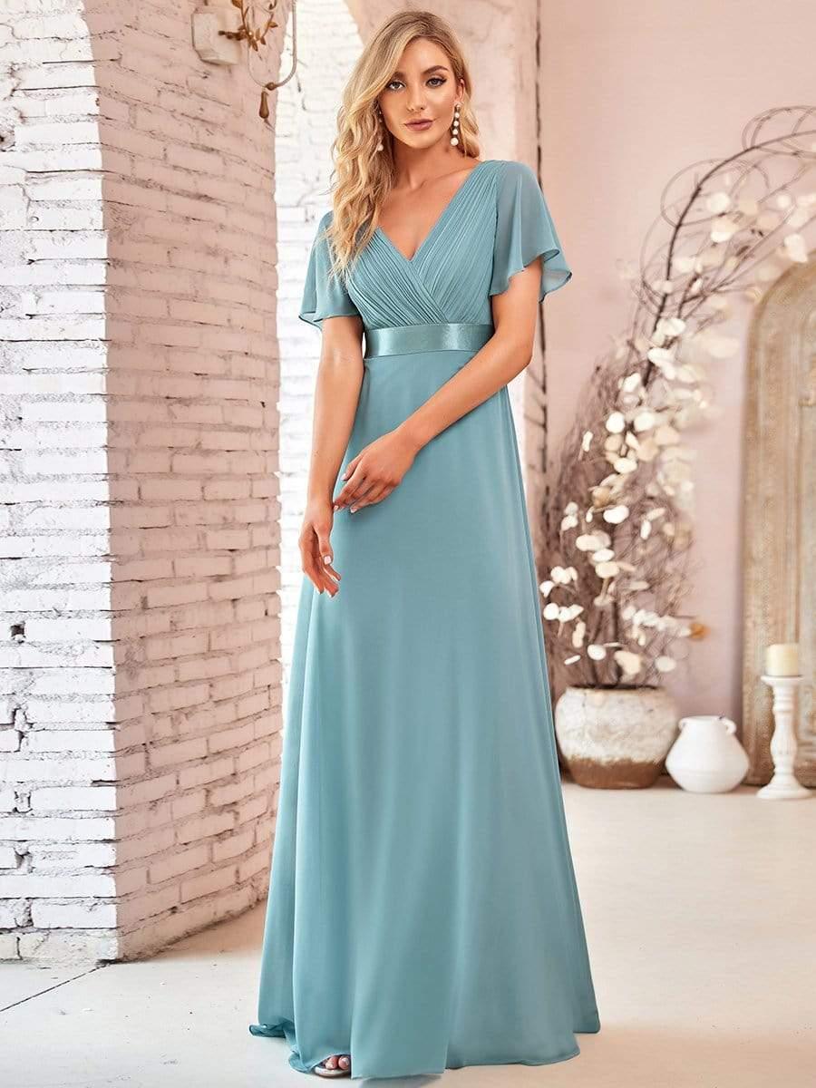 Long Empire Waist Evening Dress with Short Flutter Sleeves #color_Light Teal