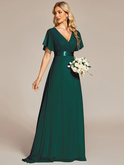 Long Chiffon Empire Waist Bridesmaid Dress with Short Flutter Sleeves #color_Dark Green
