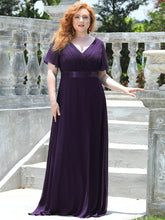 Plus Size Long Empire Waist Evening Dress With Short Flutter Sleeves #color_Dark Purple