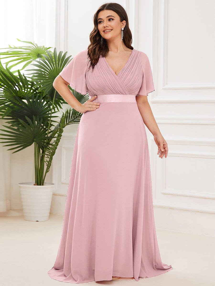 Plus Size Long Empire Waist Evening Dress With Short Flutter Sleeves #color_Dusty Rose