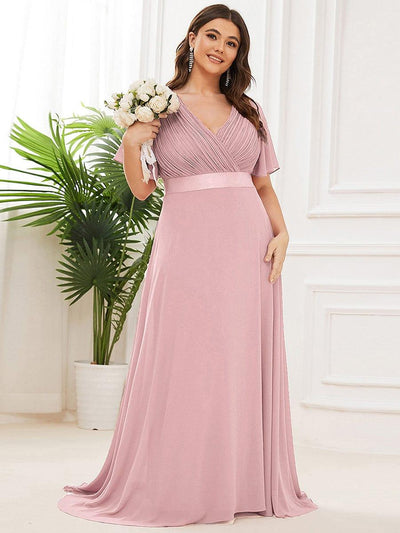 Plus Size Long Empire Waist Evening Dress With Short Flutter Sleeves #color_Dusty Rose
