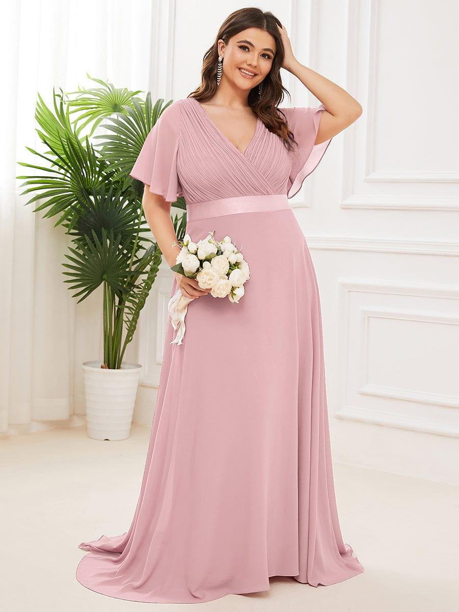 Plus Size Long Empire Waist Evening Dress With Short Flutter Sleeves #color_Dusty Rose