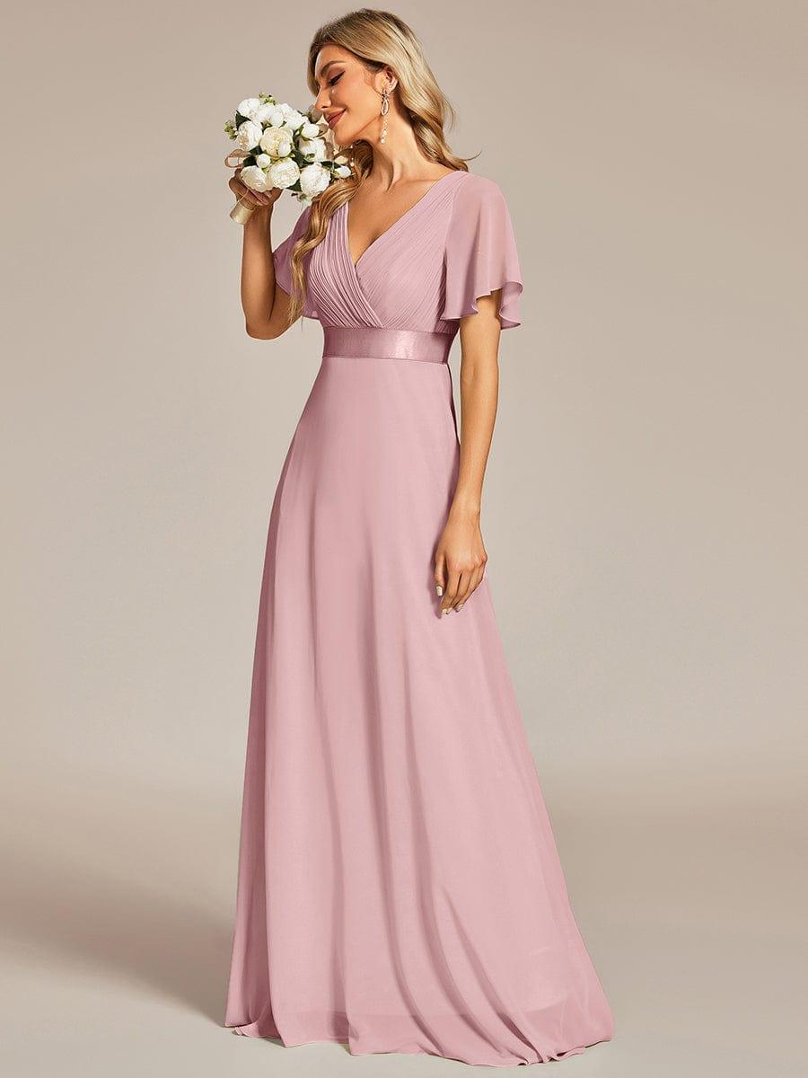 Long Chiffon Empire Waist Bridesmaid Dress with Short Flutter Sleeves #color_Dusty Rose