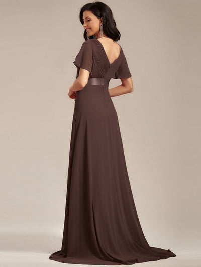 Long Empire Waist Evening Dress with Short Flutter Sleeves #color_Espresso